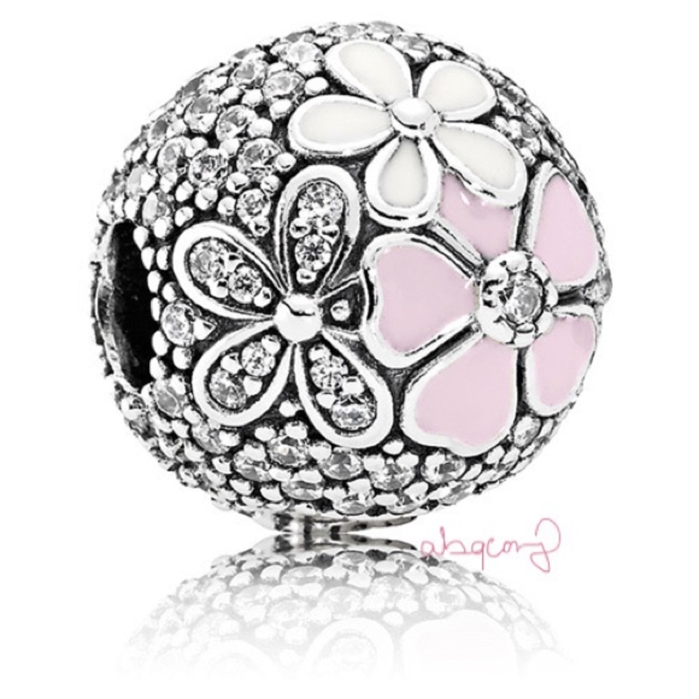 EUC Pandora 792084CZ Sterling Silver Poetic Blooms Clip w/ Enamel & Clear CZ’s